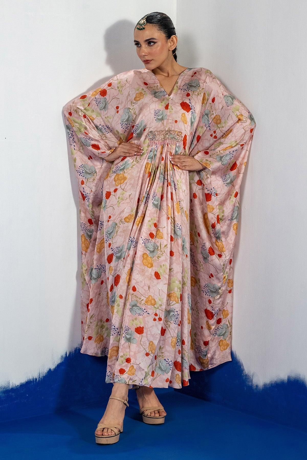 Buy Pink V-Neck Embroidered Kaftan by Shristi Chetani for women online at ScrollnShops